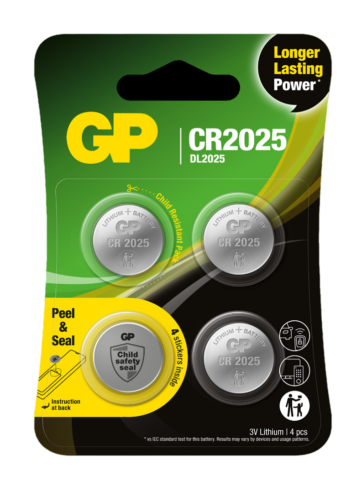 GP knappcell, Litium, CR2025, Safety seal, 4-pack -MAIN FRONT