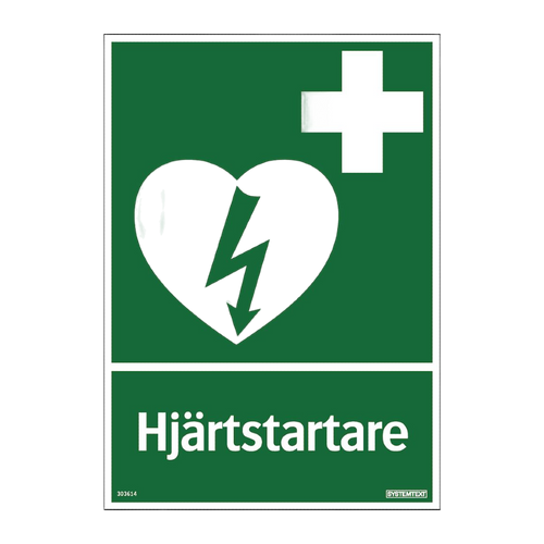 Första hjälpen skylt "Hjärtstartare" Systemtext