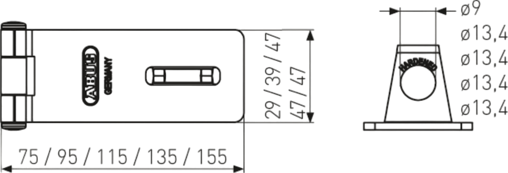 Hänglåsbeslag ABUS 200/95 -Ritning