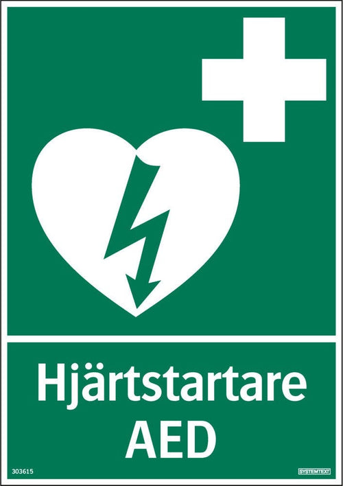 Första hjälpen skylt "Hjärtstartare" Systemtext - dubbelsidig