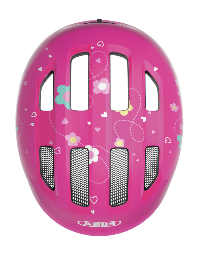 Cykelhjälm ABUS SMILEY 3.0 Pink Butterfly - med grönt spänne