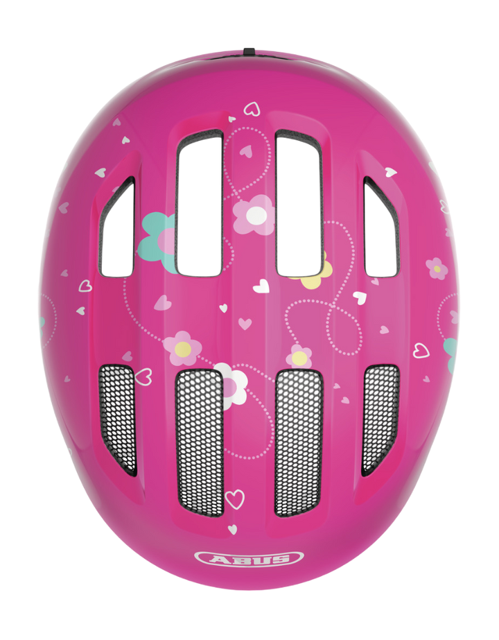 Cykelhjälm ABUS SMILEY 3.0 Pink Butterfly - med grönt spänne