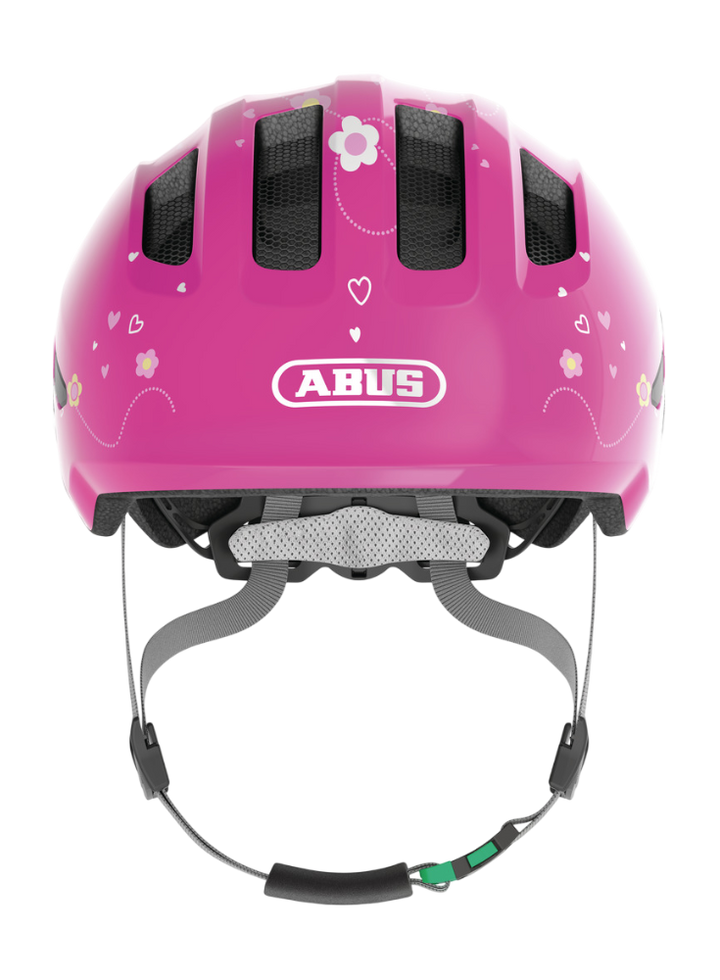 Cykelhjälm ABUS SMILEY 3.0 Pink Butterfly - med grönt spänne