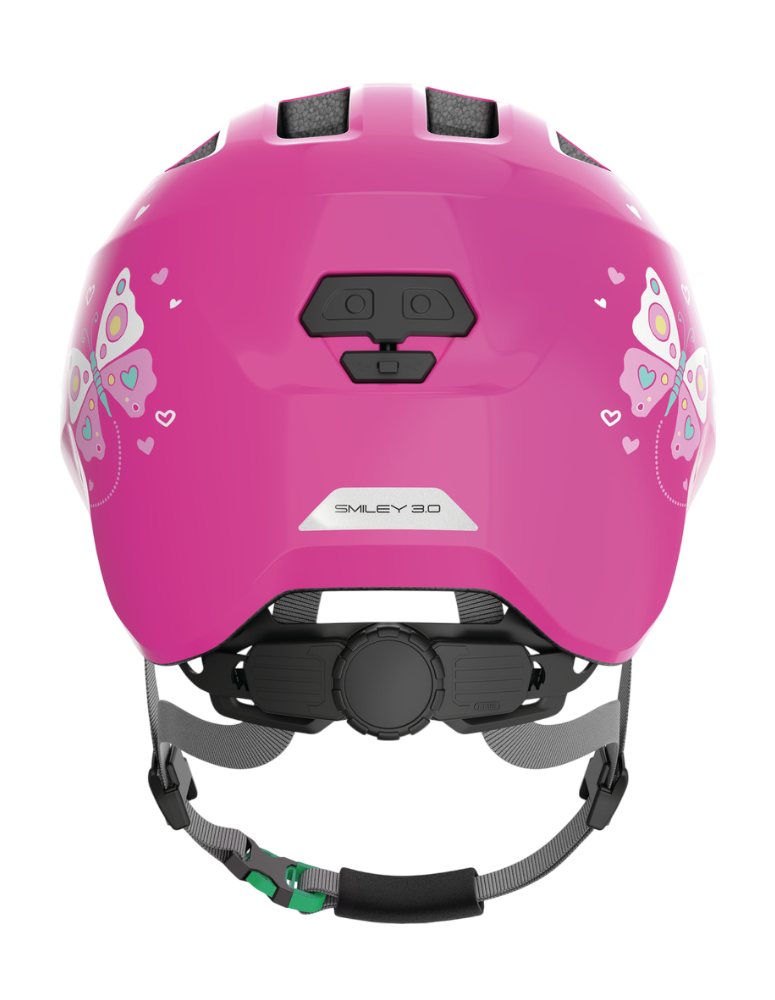 Cykelhjälm ABUS SMILEY 3.0 Pink Butterfly - med grönt spänne
