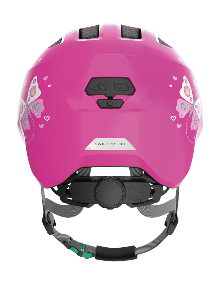 Cykelhjälm ABUS SMILEY 3.0 Pink Butterfly - med grönt spänne