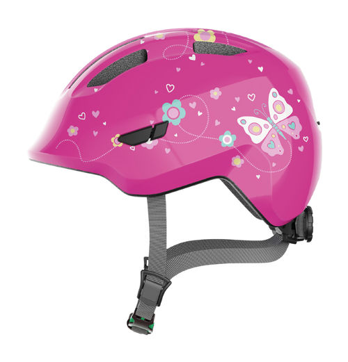 Cykelhjälm ABUS SMILEY 3.0 Pink Butterfly - med grönt spänne