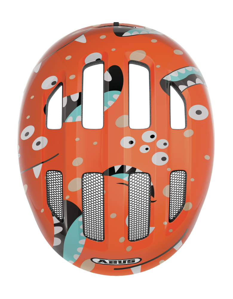 Cykelhjälm ABUS SMILEY 3.0 Orange Monster - med grönt spänne