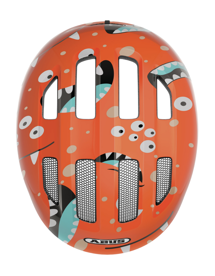 Cykelhjälm ABUS SMILEY 3.0 Orange Monster - med grönt spänne