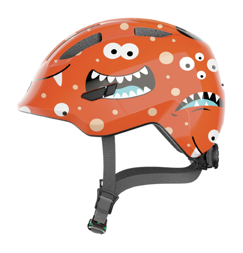 Cykelhjälm ABUS SMILEY 3.0 Orange Monster - med grönt spänne