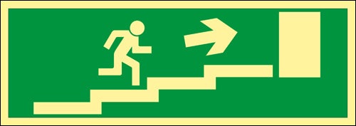 Nöd- och utrymningsskylt "Nödutgång trappa upp höger/vänster"