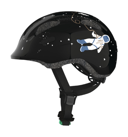 UTGÅTT - Cykelhjälm för barn ABUS SMILEY 2.0 Black Space / Sparkling Green - med grönt spänne