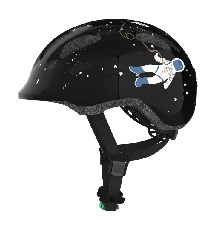 Cykelhjälm för barn ABUS SMILEY 2.0 Black Space / Sparkling Green - med grönt spänne – St George
