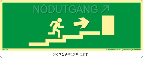 Taktil nöd- och utrymningsskylt "Nödutgång trapp upp höger"