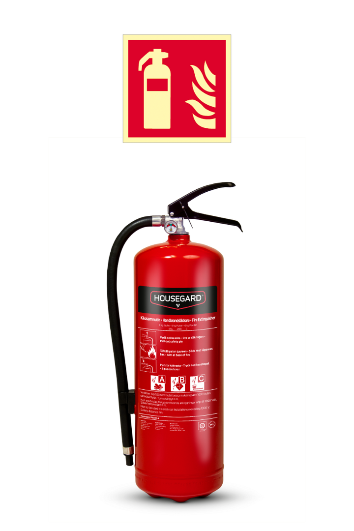 Pulversläckare 6 kg 55A 233B C Housegard Röd inklusive brandskylt