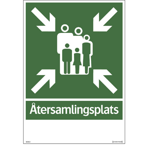 Nöd- och utrymningsskylt "Återsamlingsplats" plats för text