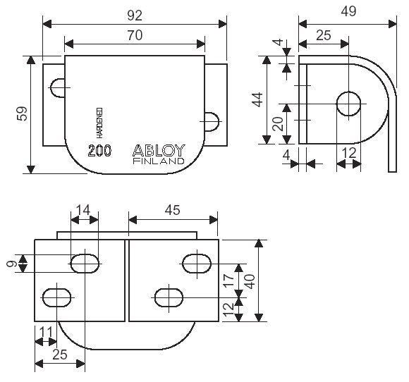 Godkänt hänglåsbeslag i klass 2 ABLOY PL200/PL202  - Teknisk ritning med mått