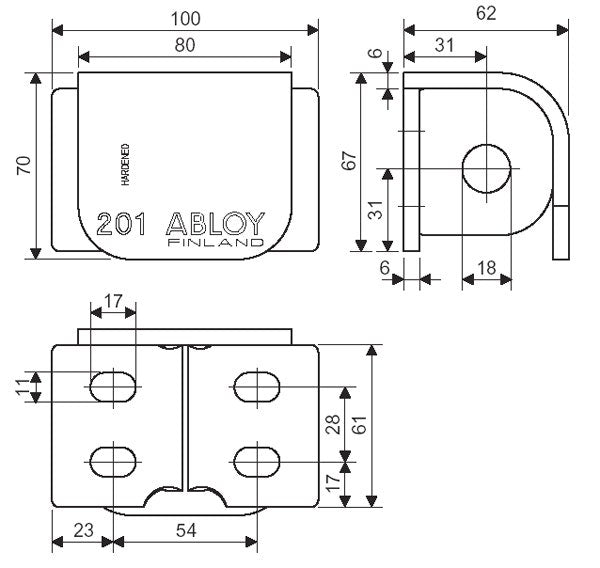 Godkänt hänglåsbeslag i klass 3 ABLOY PL201/PL203 - Teknisk ritning med mått