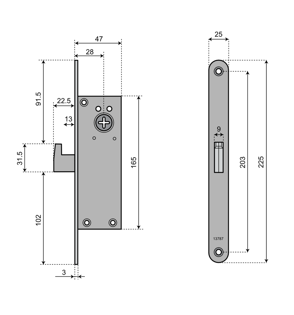 Smalprofillåshus med hakregel ASSA 13787 - Teknisk ritning med mått