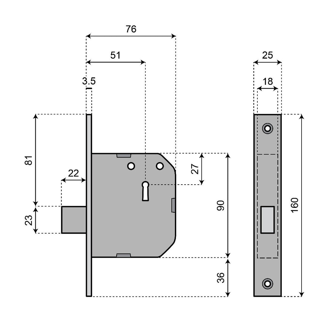 Godkänt tillhållarlåshus ASSA 309 - Teknisk ritning med mått