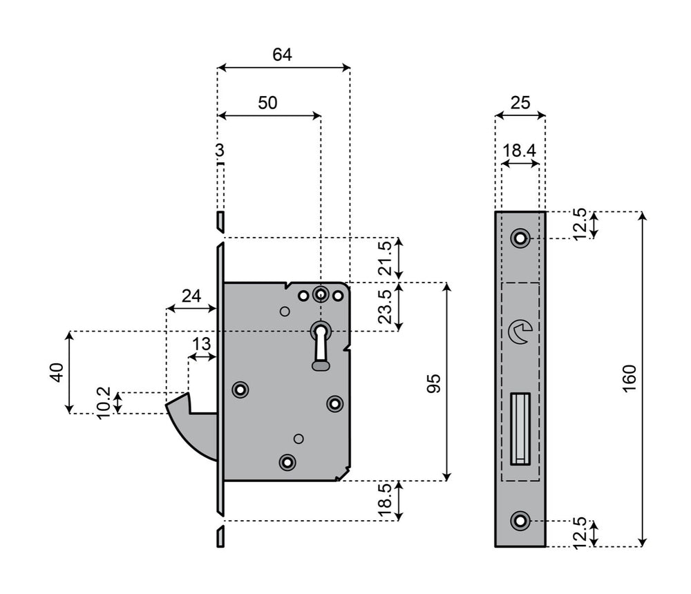 Komplett godkänt tillhållarlåspaket ASSA 309 Connect - Teknisk ritning med mått