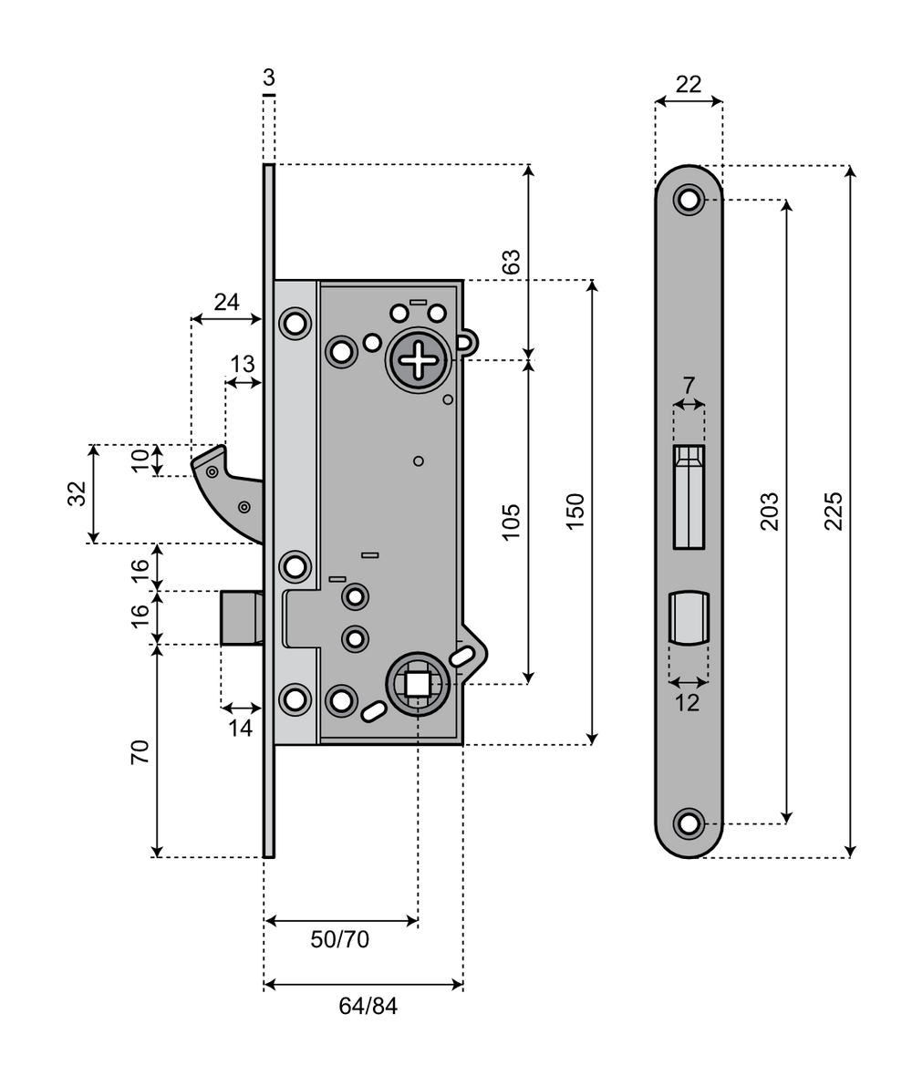 Låshus med hakregel ASSA 310 - Teknisk ritning med mått