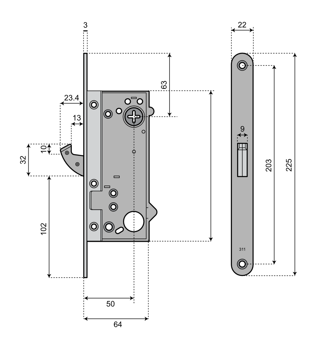 Låshus med hakregel ASSA 311 Connect - Teknisk ritning med mått