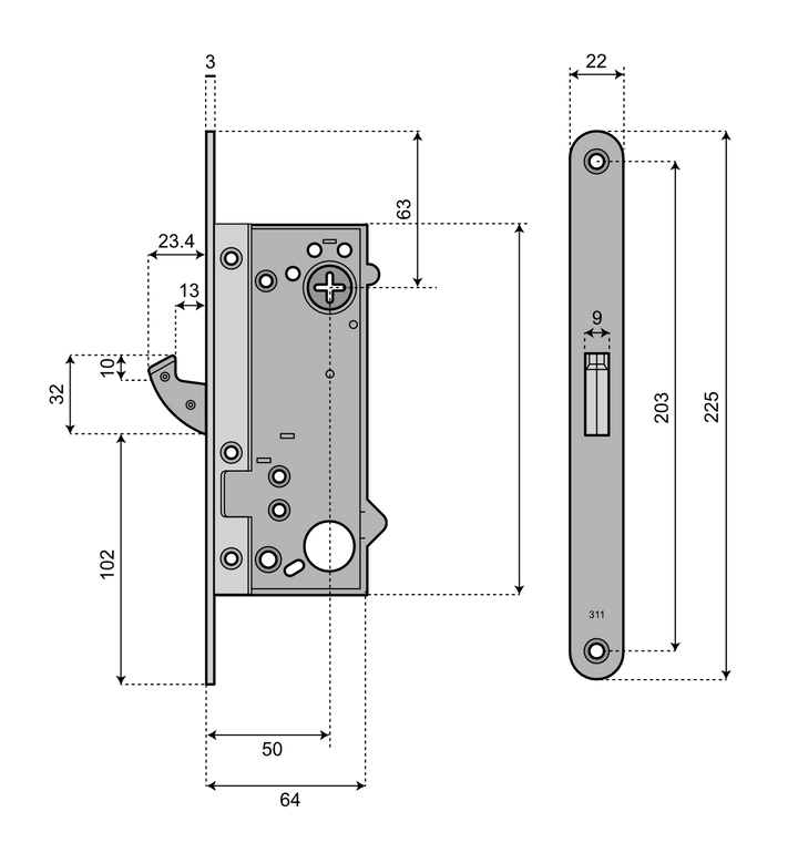 Låshus med hakregel ASSA 311 Connect - Teknisk ritning med mått