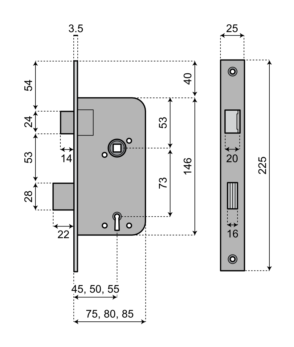 Tillhållarlåshus ASSA 40B7 - Teknisk ritning med mått (75, 80 och 85 mm modellen)