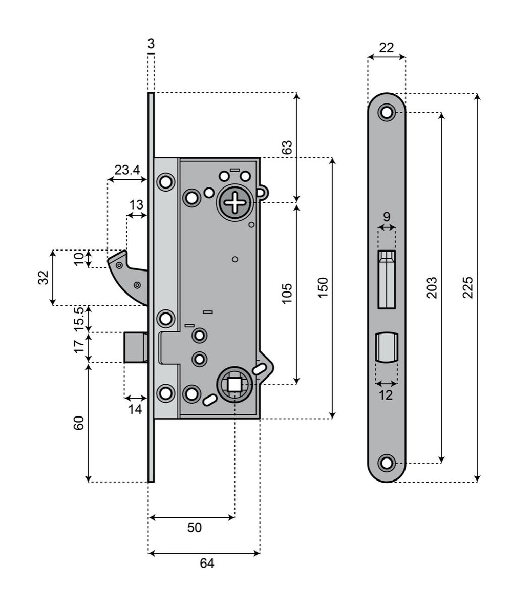 Godkänt låshus med hakregel ASSA 410 Connect - Teknisk ritning med mått