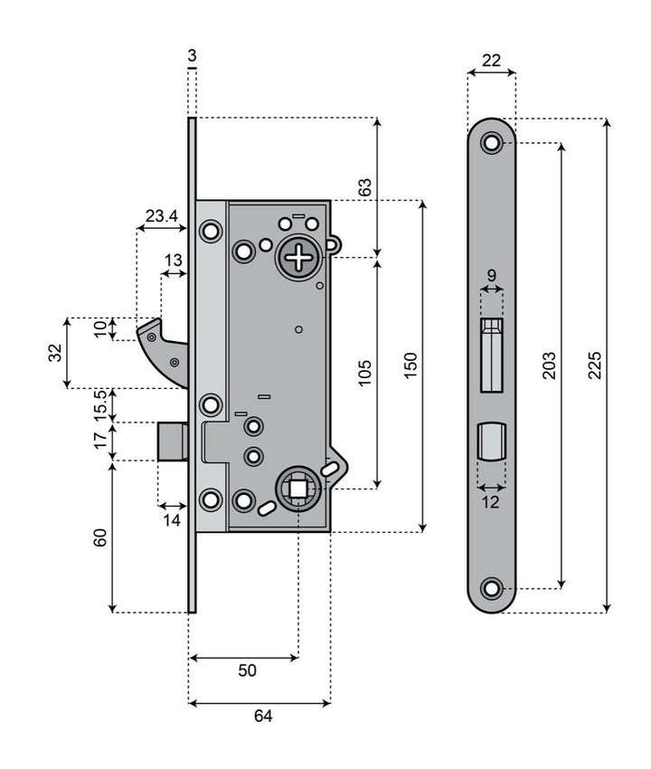 Godkänt låshus med hakregel ASSA 410 Connect - Teknisk ritning med mått