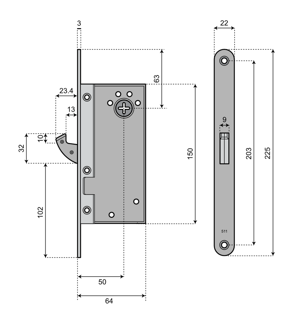Godkänt låshus med hakregel ASSA 511 Connect - Teknisk ritning med mått