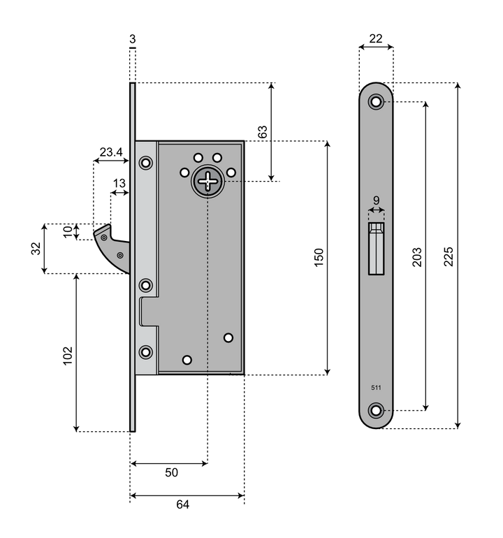 Godkänt låshus med hakregel ASSA 511 Connect - Teknisk ritning med mått