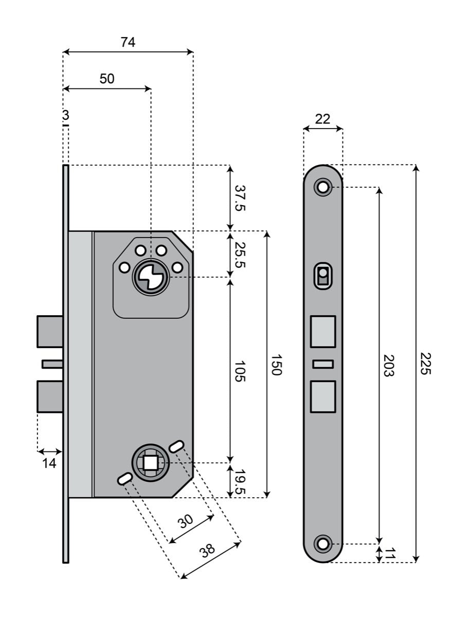 Enkelt låshus med fallregel ASSA 560 - Teknisk ritning med mått