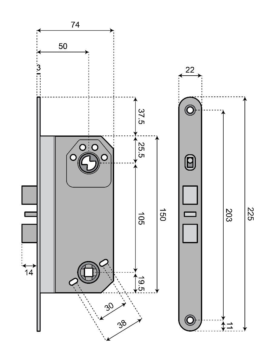 Låshus med cylinderfall, förreglingsfall och tryckesfall ASSA 562 - Teknisk ritning med mått