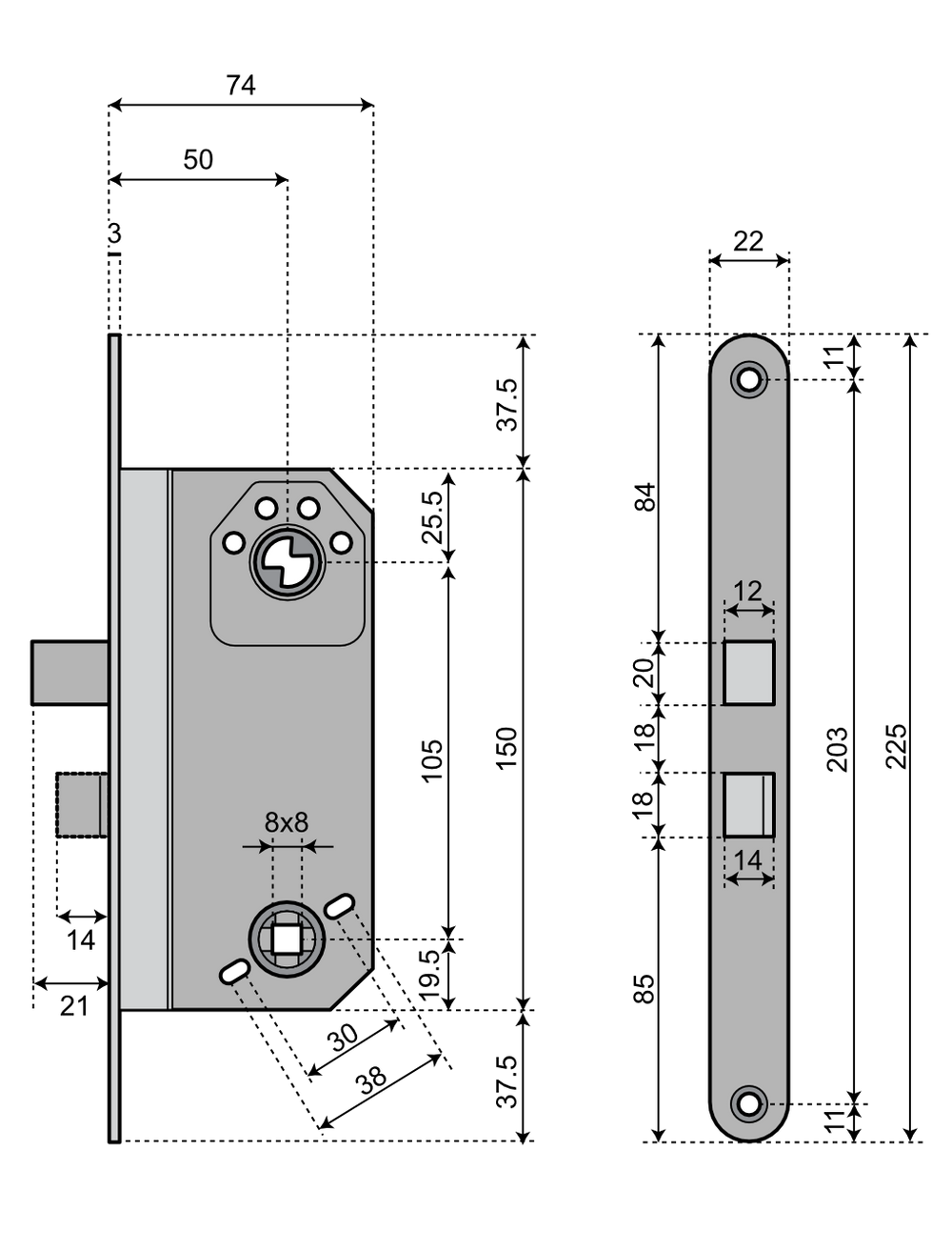 Låshus med rak regel ASSA 565 - Teknisk ritning med mått