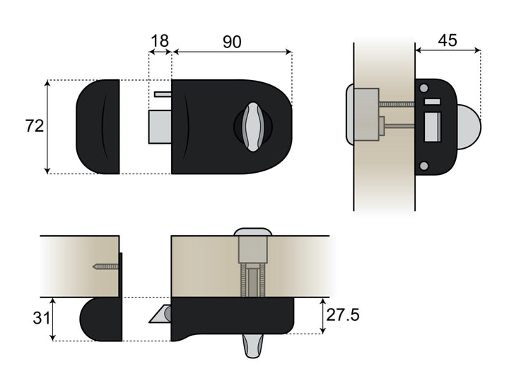 Utanpåliggande dörrlås ASSA 576 med fallregel - Utåtgående