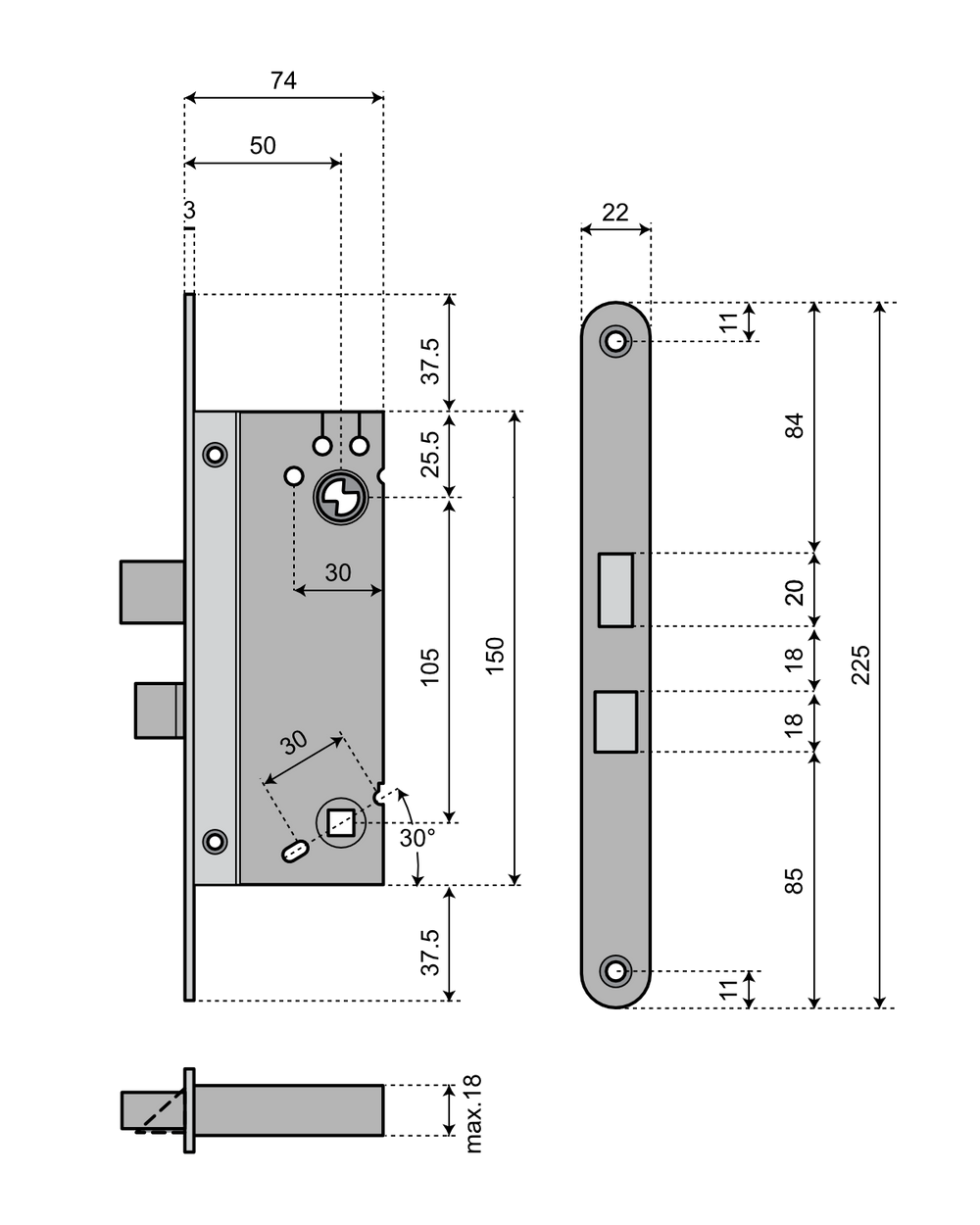 Godkänt låshus med rak regel ASSA 8765 med symmetrisk låsstolpe - Teknisk ritning med mått