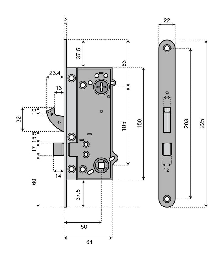 Godkänt låshus med hakregel ASSA 510 Connect - Teknisk ritning med mått