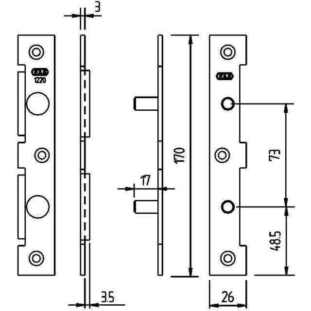 Bakkantssäkring ASSA 1220 - Teknisk ritning med mått