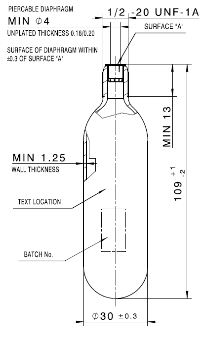 Kolsyrepatron 33 g för Baltic uppblåsbara räddningsvästar upp till 165 N - Teknisk ritning med mått