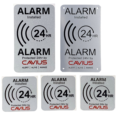 Larmskylt och stickers Cavius