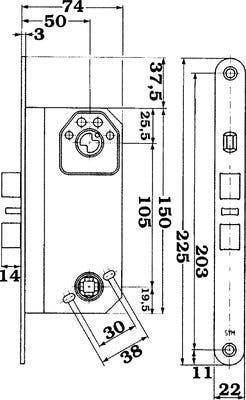 Låshus med cylinderfall, förreglingsfall och tryckesfall ASSA 1560 - Teknisk ritning med mått