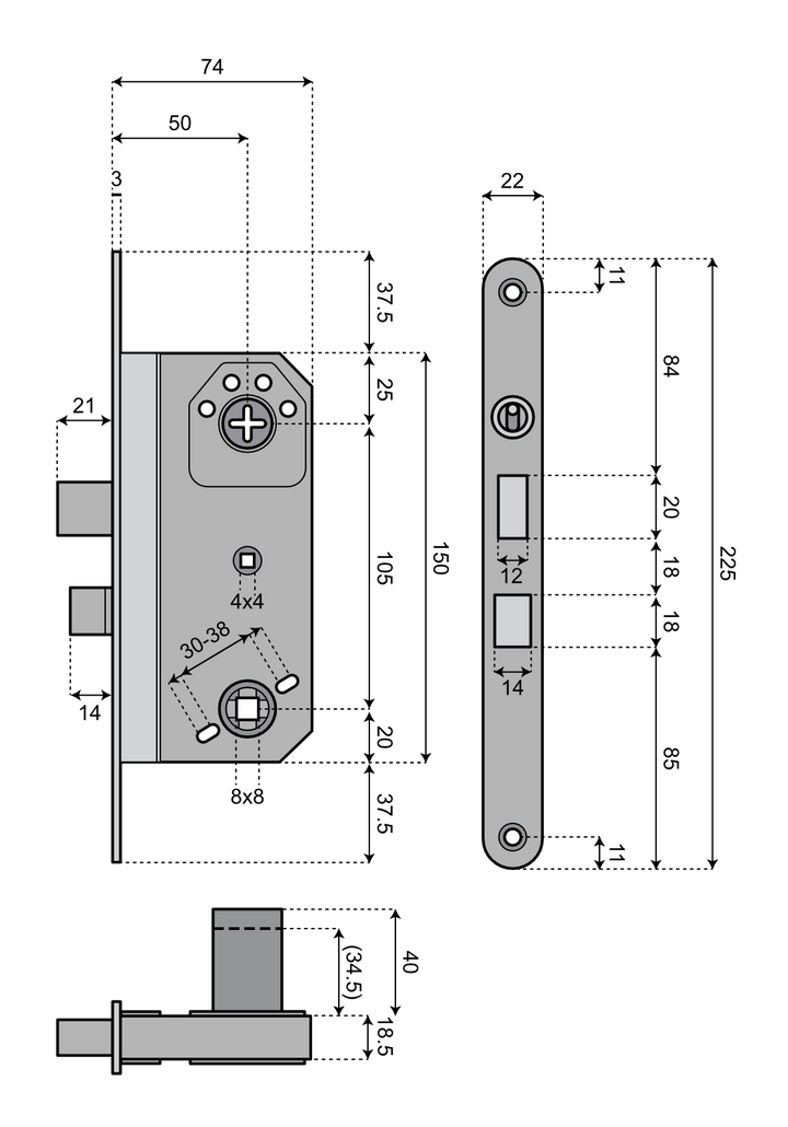 Cylinderlåshus ASSA 2000 - Teknisk ritning med mått
