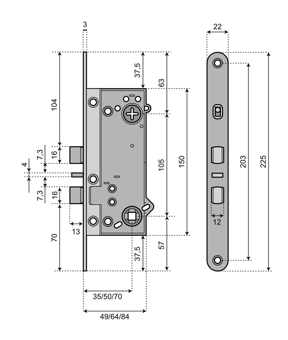Låshus med förreglat cylinderfall och tryckesfall ASSA 220 - Teknisk ritning med mått