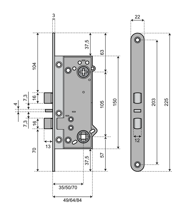 Låshus med förreglat cylinderfall och tryckesfall ASSA 222 - Teknisk ritning med mått