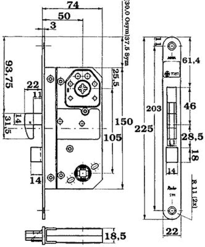Godkänt låshus med hakregel ASSA 7787 - Teknisk ritning med mått