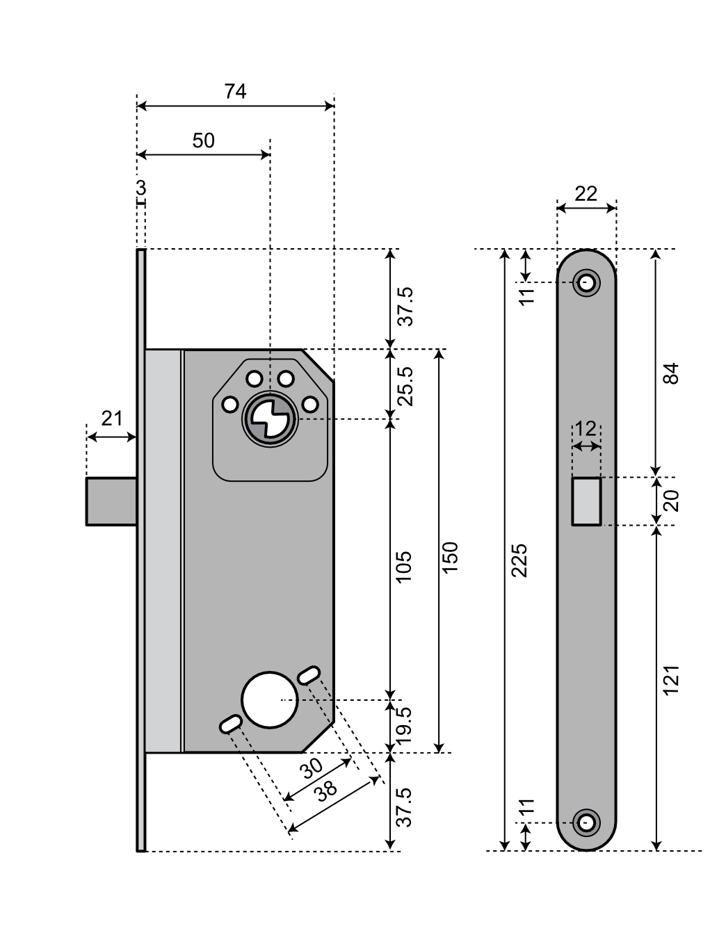 Godkänt låshus med rak regel ASSA 9788 - Teknisk ritning med mått