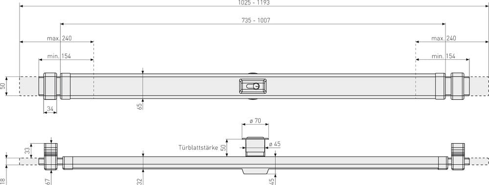 Godkänd dörregel ABUS PR2700 för dörrar upp till 103 cm - Teknisk ritning med mått