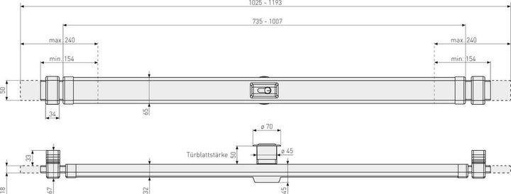 Godkänd dörregel ABUS PR2700 för dörrar upp till 103 cm - Teknisk ritning med mått