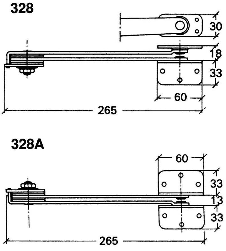 Dörrbroms ASSA 328 till utåtgående dörr - Teknisk ritning med mått